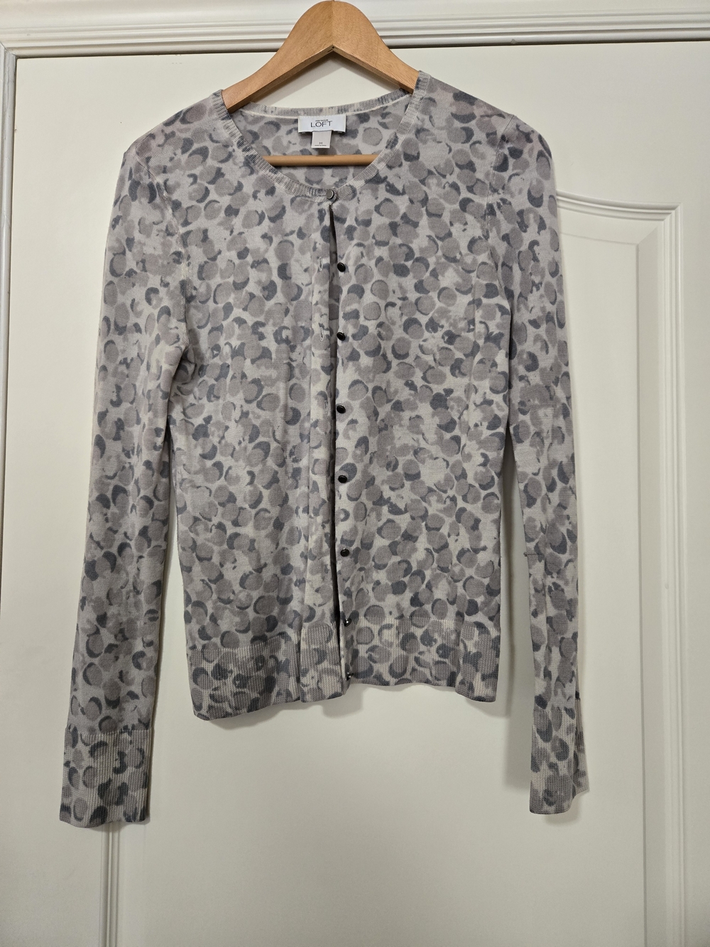 LOFT Gray & Light Gray Dot-Print Button Cardigan Cozy Layering 100% Merino Wool